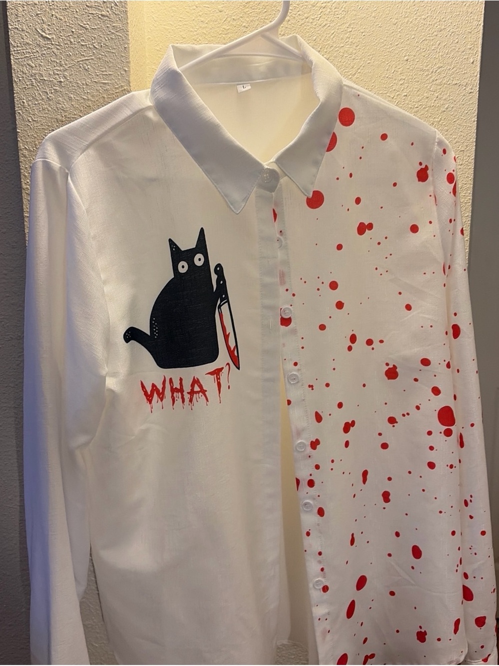 White Button-Up Shirt with Red Splatter & Black Cat Graphic